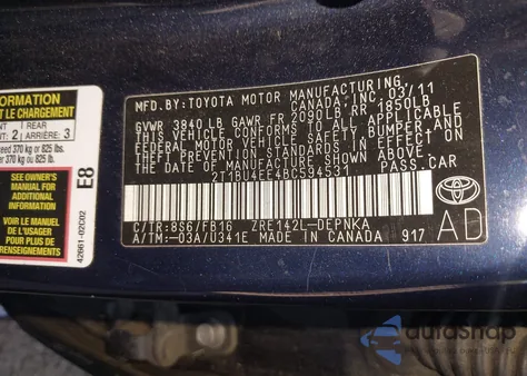 2011 Toyota Corolla Le из США, поврежденный, VIN 2T1BU4EE4BC594531